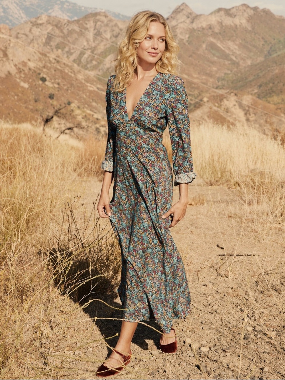 Doen Charleston Dress in Navy Lady Bird Floral Size XS Blue Midi Maxi NWT